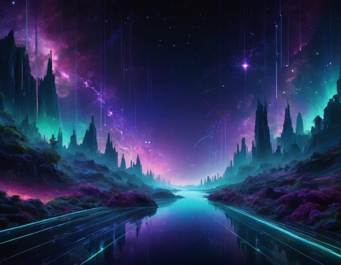 A captivating digital landscape depicting 69 glowing data bits floating in a cosmic void, representing unlocking the potential of digital data components. Each bit should be interconnected with luminous lines, illustrating their power and potential. Include abstract representations of technology and data analytics in the background, symbolizing exploration and discovery. The color palette should be vibrant with blues, purples, and electric greens, creating a futuristic atmosphere. abstract digital art. vibrant colors.