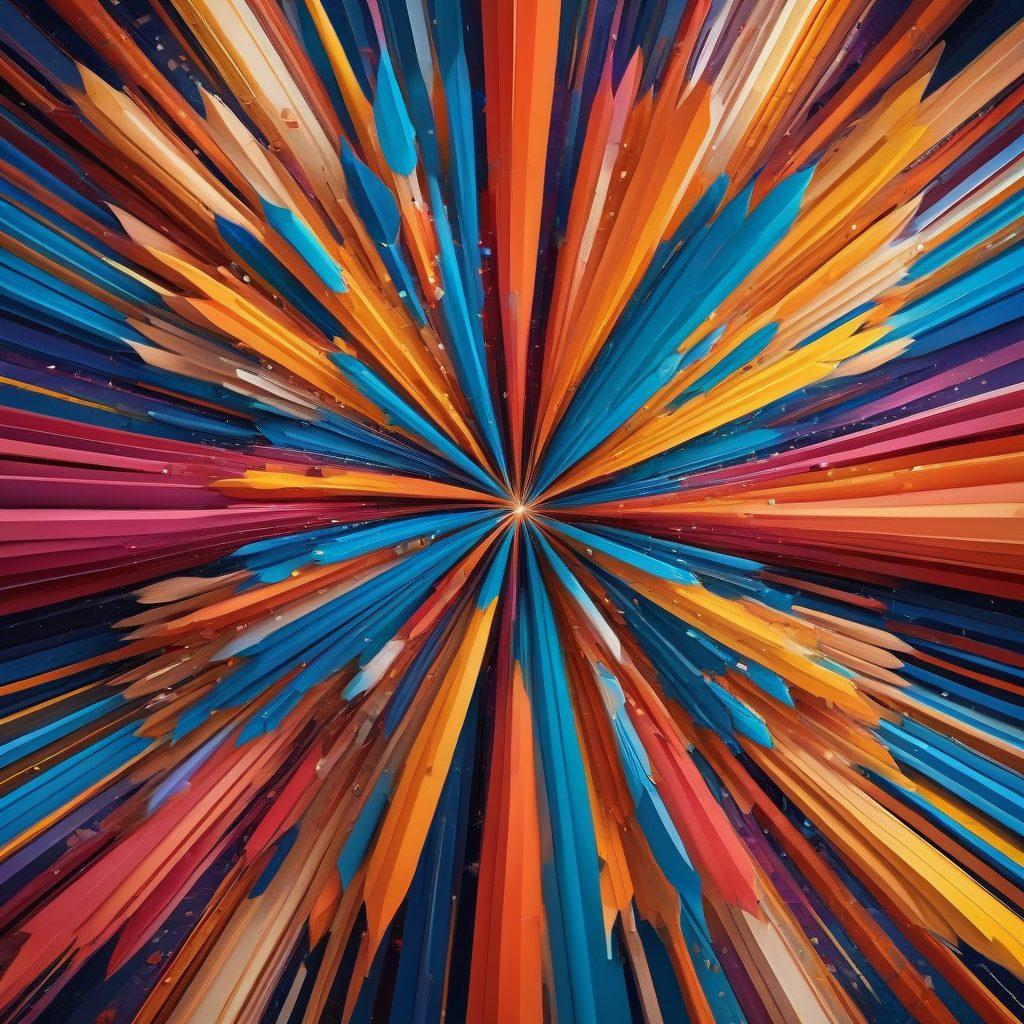 An intricate illustration of the 69 elements arranged kaleidoscopically, showcasing their unique properties and interactions, with arrows symbolizing the transformation of information into actionable insights. In the background, a blend of abstract shapes representing complexity, with vibrant colors illuminating each element. The scene conveys a sense of dynamic movement and knowledge flow. super-realistic. vibrant colors. abstract.